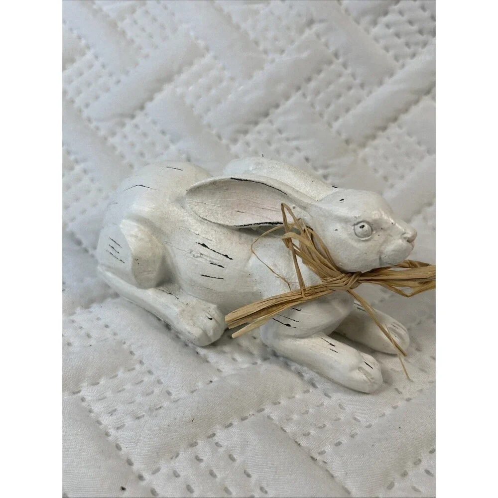Resting Bunny Rabbit Easter Decor Statue Faux Wood Look Resin Farmhouse Country